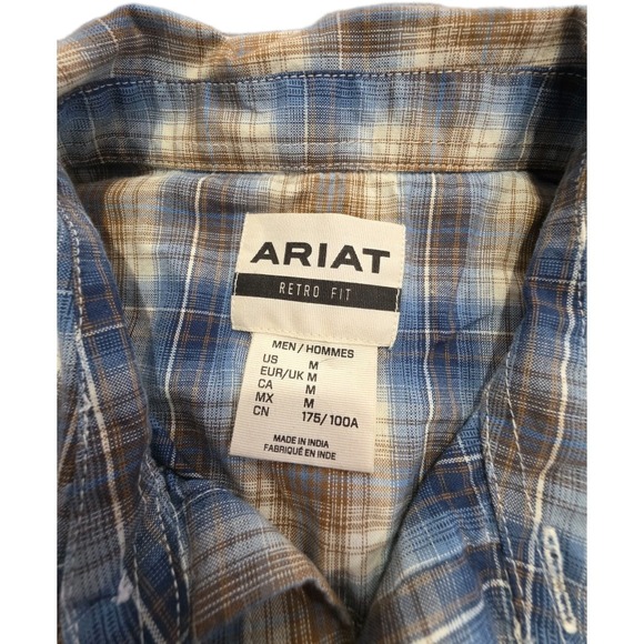 Ariat Retro Fit Men's Medium Short Sleeve Brown Plaid Pearl Snaps Western Casual - Picture 8 of 9